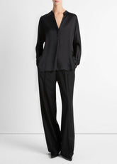 Silk Satin Band-Collar Blouse in Long Sleeve - BLACK