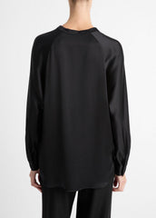 Silk Satin Band-Collar Blouse in Long Sleeve - BLACK