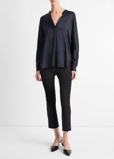 Silk Satin Band-Collar Blouse in Long Sleeve - COASTAL BLUE