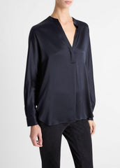 Silk Satin Band-Collar Blouse in Long Sleeve - COASTAL BLUE