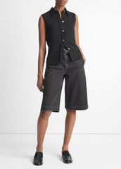 Sleeveless Button-Front Shirt in Short Sleeve - BLACK