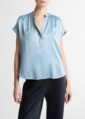 Silk Gathered Cap-Sleeve Blouse in Short Sleeve - DEL MAR