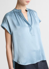 Silk Gathered Cap-Sleeve Blouse in Short Sleeve - DEL MAR