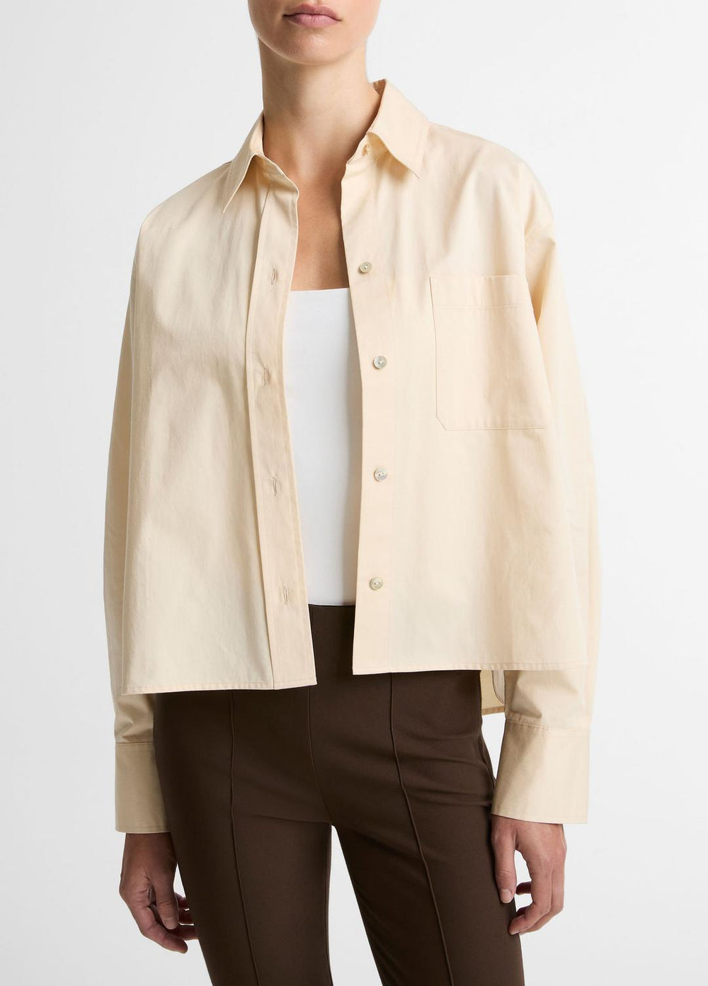 Cotton Cropped Button-Front Shirt in Long Sleeve - ECRU