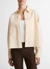 Cotton Cropped Button-Front Shirt in Long Sleeve - ECRU