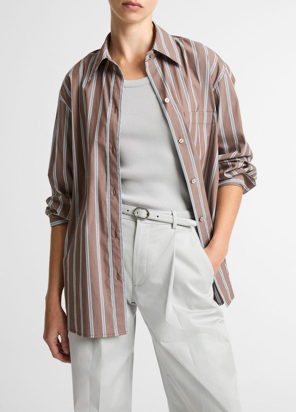 Striped Cotton-Blend Button-Front Shirt in Long Sleeve - BROWN MULTI