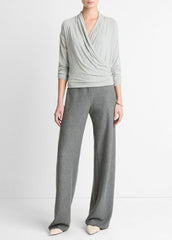 Relaxed Fixed-Wrap Jersey Top in Long Sleeve - HEATHER PALE GREY
