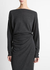 Draped Wool-Blend Slash-Neck Top in Long Sleeve - DARK HEATHER GREY