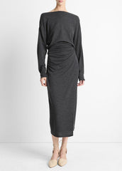 Draped Wool-Blend Slash-Neck Top in Long Sleeve - DARK HEATHER GREY