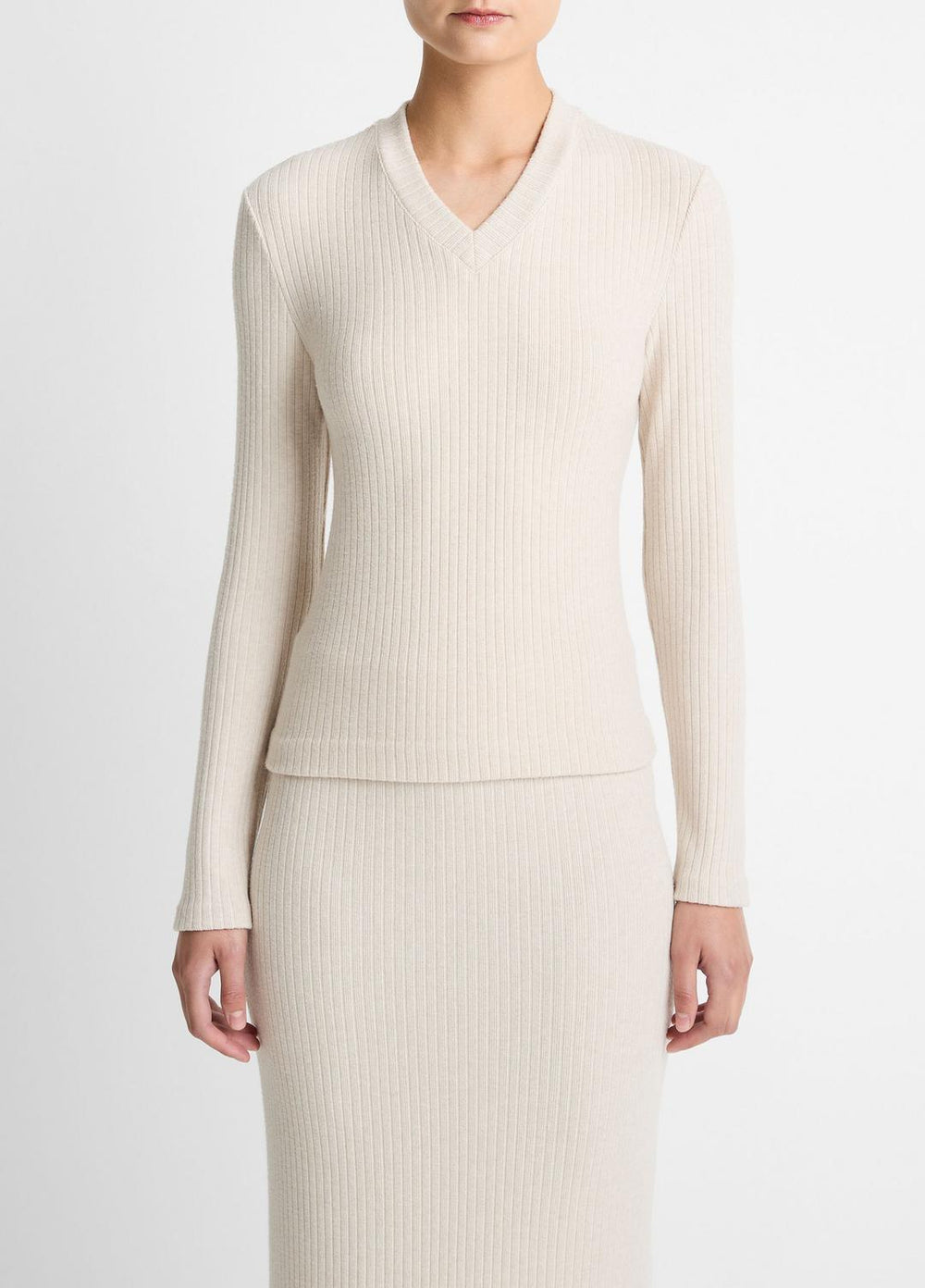 Cozy Rib High V-Neck Top in Long Sleeve - HEATHER CREAM OAT