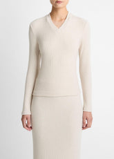 Cozy Rib High V-Neck Top in Long Sleeve - HEATHER CREAM OAT
