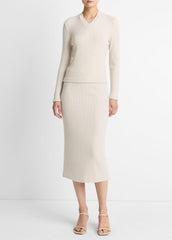 Cozy Rib High V-Neck Top in Long Sleeve - HEATHER CREAM OAT