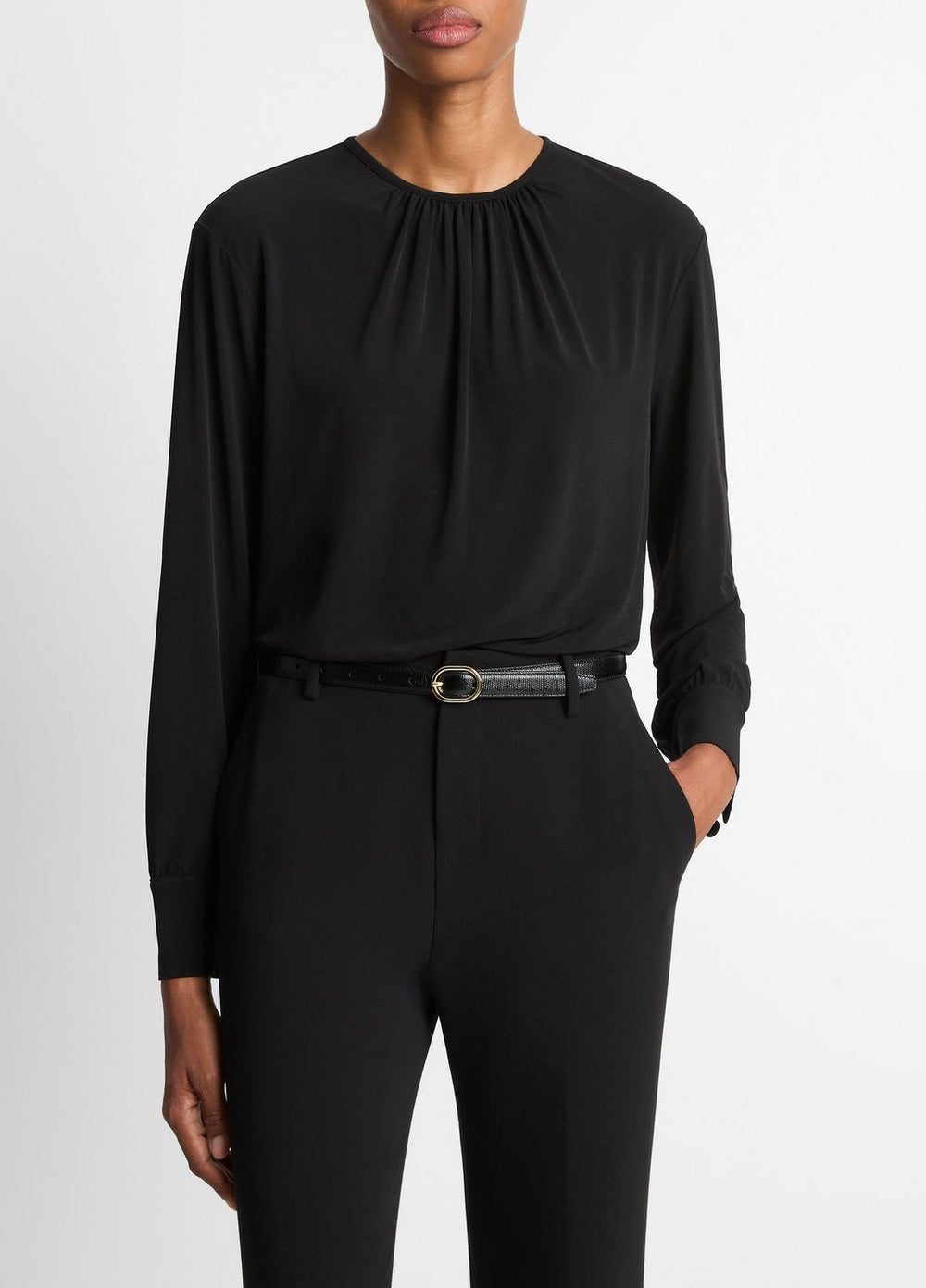 Matte Jersey Gathered Blouse in Long Sleeve - BLACK