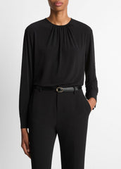 Matte Jersey Gathered Blouse in Long Sleeve - BLACK