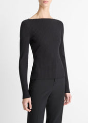Ribbed Cotton-Blend Slash-Neck Long-Sleeve Top in Long Sleeve - BLACK