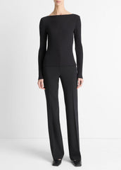 Ribbed Cotton-Blend Slash-Neck Long-Sleeve Top in Long Sleeve - BLACK