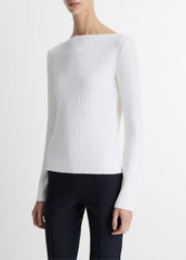Ribbed Cotton-Blend Slash-Neck Long-Sleeve Top in Long Sleeve - OFF WHITE