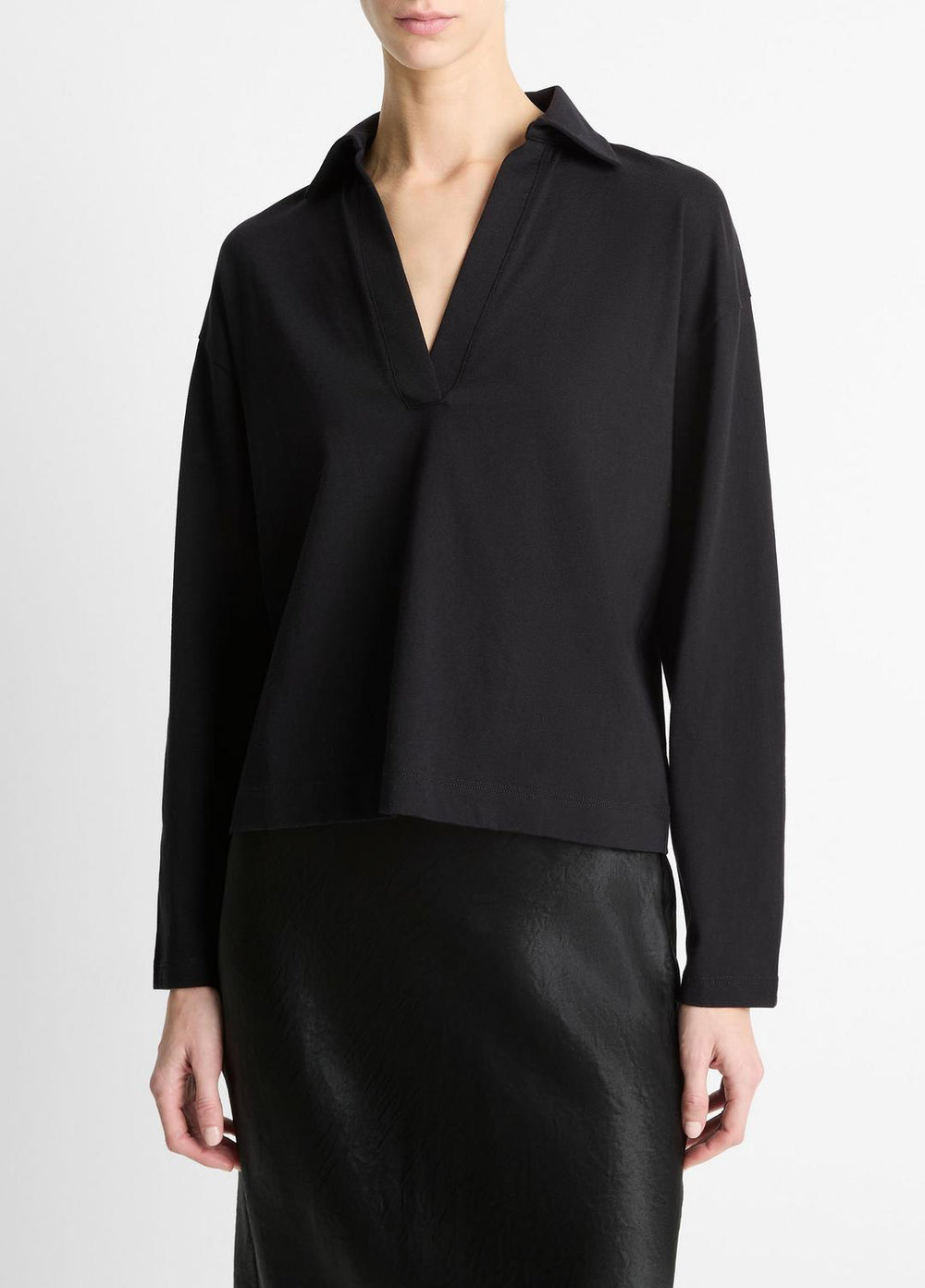 Easy Pima Cotton Long-Sleeve Polo Shirt in Long Sleeve - BLACK