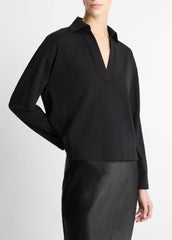 Easy Pima Cotton Long-Sleeve Polo Shirt in Long Sleeve - BLACK