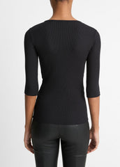 Elbow-Sleeve Crew Neck T-Shirt in Short Sleeve - BLACK