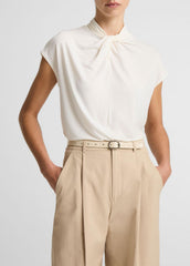 Twist-Neck Matte Jersey Cap-Sleeve Top in Short Sleeve - BONE
