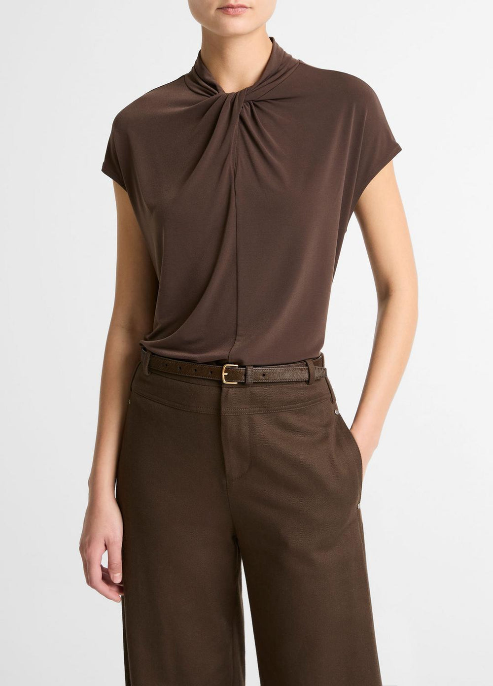 Twist-Neck Matte Jersey Cap-Sleeve Top in Short Sleeve - DARK BARK