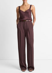 Satin Pleated Wide-Leg Trouser in Trousers - DARK FIG