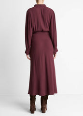 Crepe Collar-Stand Shirt Dress in Dresses - OXBLOOD