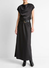 Draped Satin Cowl-Neck Dress in Dresses - BLACK