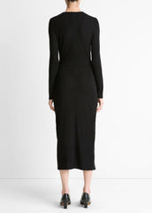 Cinched-Waist Wool-Blend Long-Sleeve Dress in Dresses - BLACK