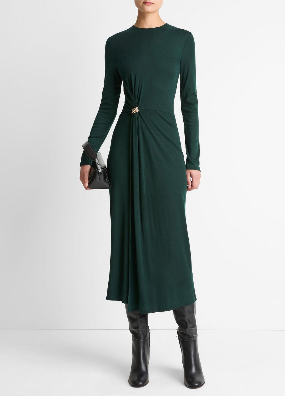 Cinched-Waist Wool-Blend Long-Sleeve Dress in Dresses - JUNIPER