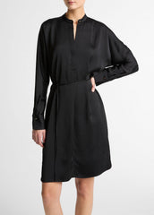 Matte Satin Band-Collar Dress in Dresses - BLACK