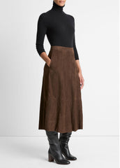 Suede Mid-Rise Flared Skirt in Skirts - DEEP ESPRESSO