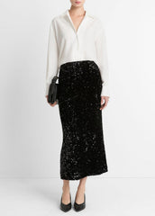 Sequined Velvet Column Skirt in Skirts - BLACK
