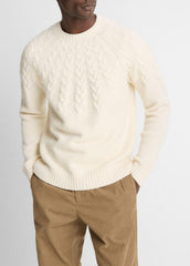 Airspun Merino Wool Cable-Yoke Sweater in Crew Neck - LIGHT DUNE