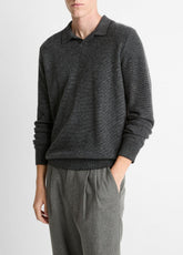 Feed Stripe Plush Cashmere Johnny-Collar Sweater in Cashmere - BLACK/MEDIUM HEATHER GREY
