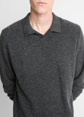 Feed Stripe Plush Cashmere Johnny-Collar Sweater in Cashmere - BLACK/MEDIUM HEATHER GREY