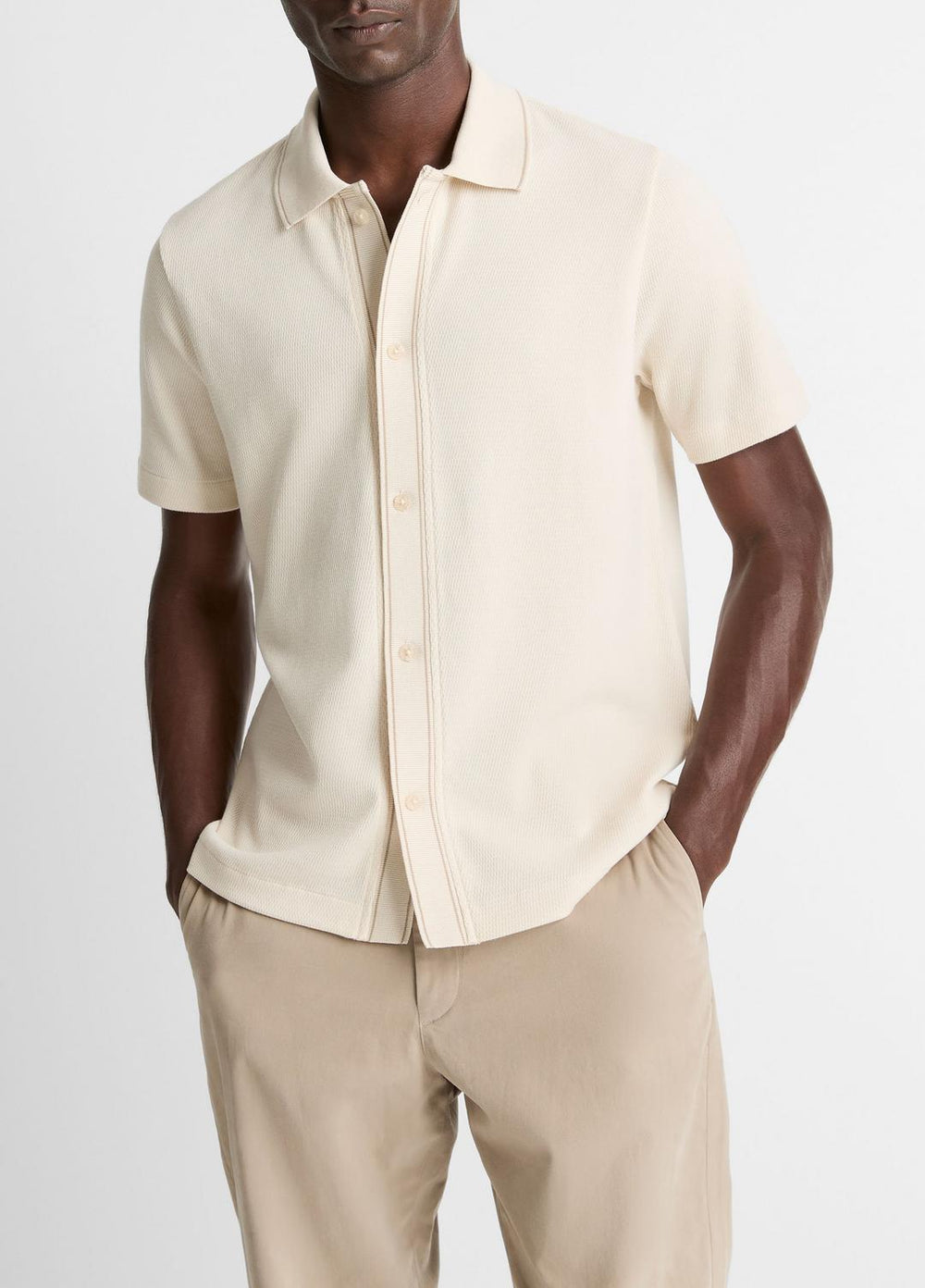 Jacquard-Knit Cotton Short-Sleeve Button-Front Shirt in Short Sleeve - BONE/RIVER SAND