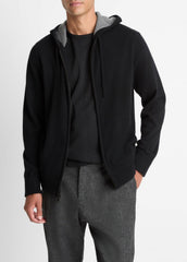 Cashmere Zip-Front Hoodie in Cashmere - BLACK/MEDIUM HEATHER GREY