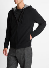 Cashmere Zip-Front Hoodie in Cashmere - BLACK/MEDIUM HEATHER GREY