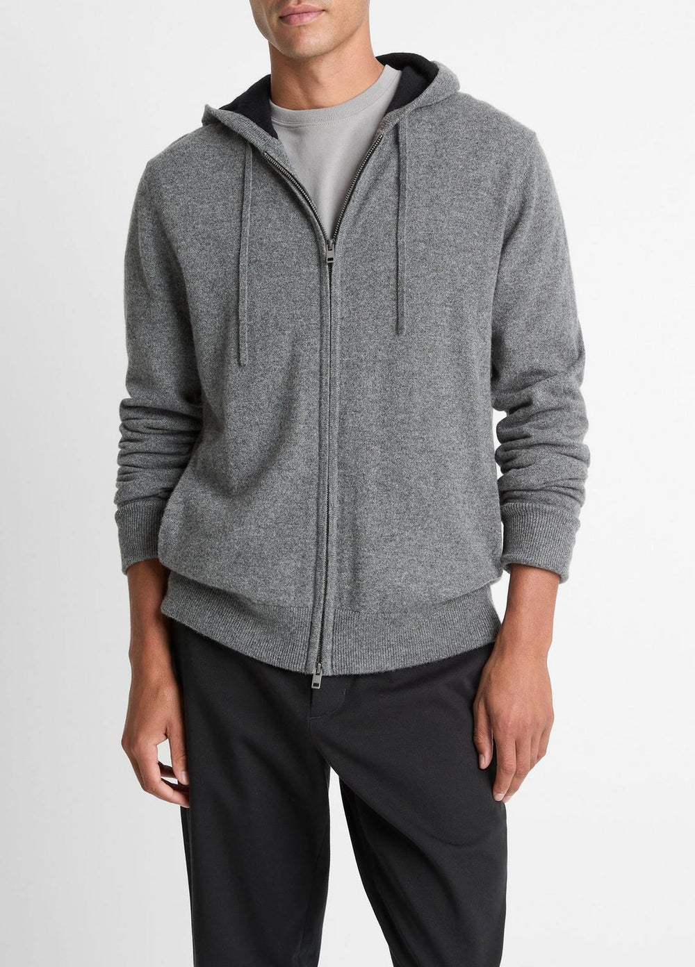 Cashmere Zip-Front Hoodie in Cashmere - MEDIUM HEATHER GREY/BLACK