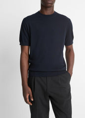 Featherweight Merino Wool-Cashmere Short-Sleeve Sweater in Crew Neck - COASTAL BLUE