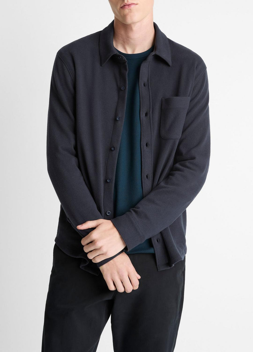 Knit Cotton-Blend Button-Front Shirt in Long Sleeve - COASTAL BLUE