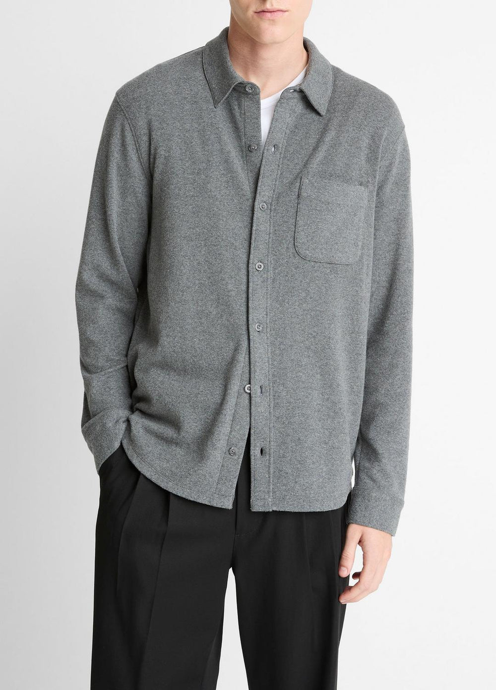 Knit Cotton-Blend Button-Front Shirt in Long Sleeve - MEDIUM HEATHER GREY