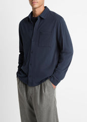 Sueded Cotton Jersey Button-Front Shirt in Long Sleeve - COASTAL BLUE