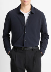 Cotton Piqué Button-Front Shirt in Long Sleeve - COASTAL BLUE