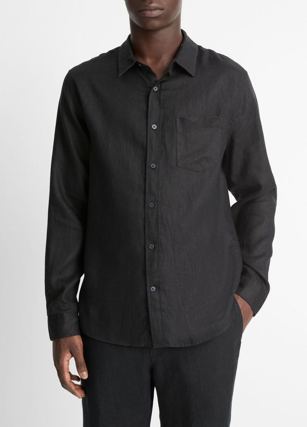 Linen Long-Sleeve Shirt in Long Sleeve - BLACK
