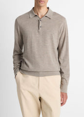 Featherweight Merino Wool-Cashmere Polo Sweater in Long Sleeve - HEATHER SMOKE