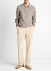 Featherweight Merino Wool-Cashmere Polo Sweater in Long Sleeve - HEATHER SMOKE