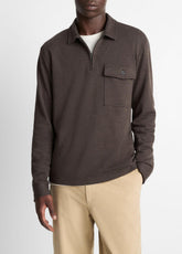 Herringbone Cotton-Blend Zip Polo Shirt in Henleys & Polos - HEATHER DARK ROAST/BLACK